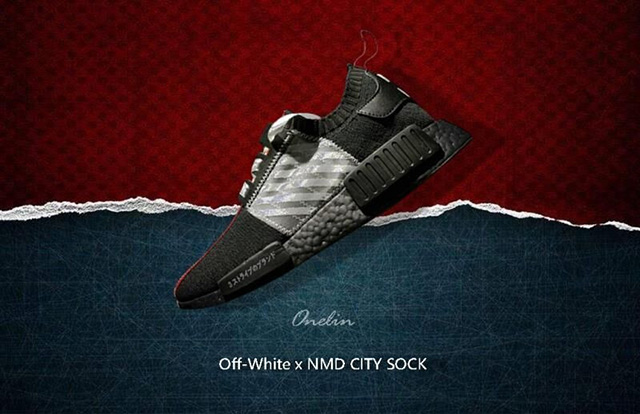 OFF-WHITE x adidas Originals NMD R1 飞织套脚慢跑鞋“黑红蓝拉链”