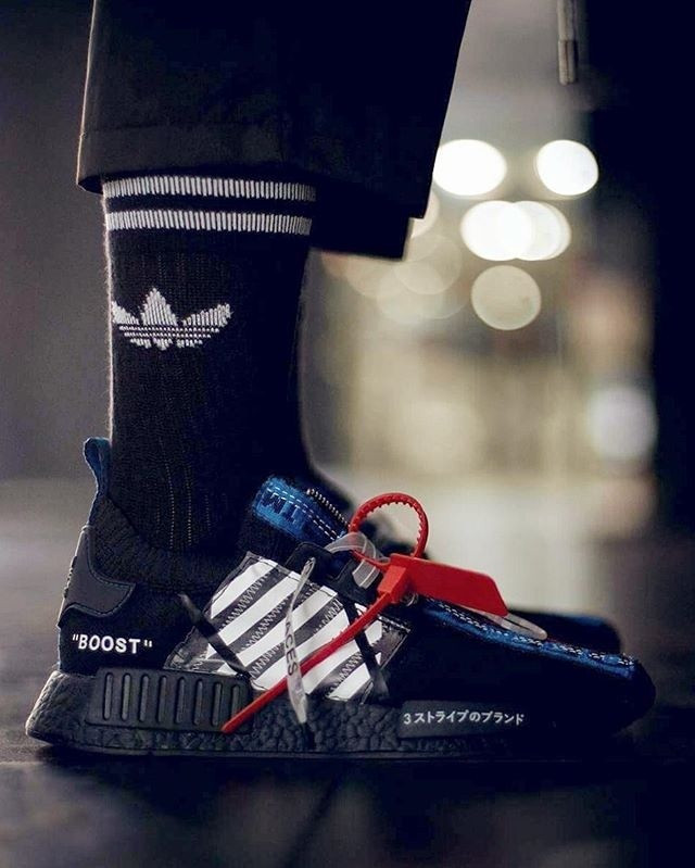 OFF-WHITE x adidas Originals NMD R1 飞织套脚慢跑鞋黑红蓝拉链 图片8