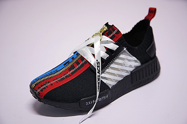 OFF-WHITE x adidas Originals NMD R1 飞织套脚慢跑鞋黑红蓝拉链 图片7